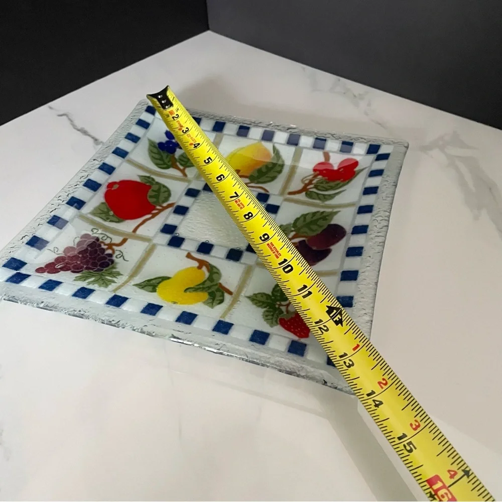 Fruit Blue Checked Square Plate by Peggy Karr